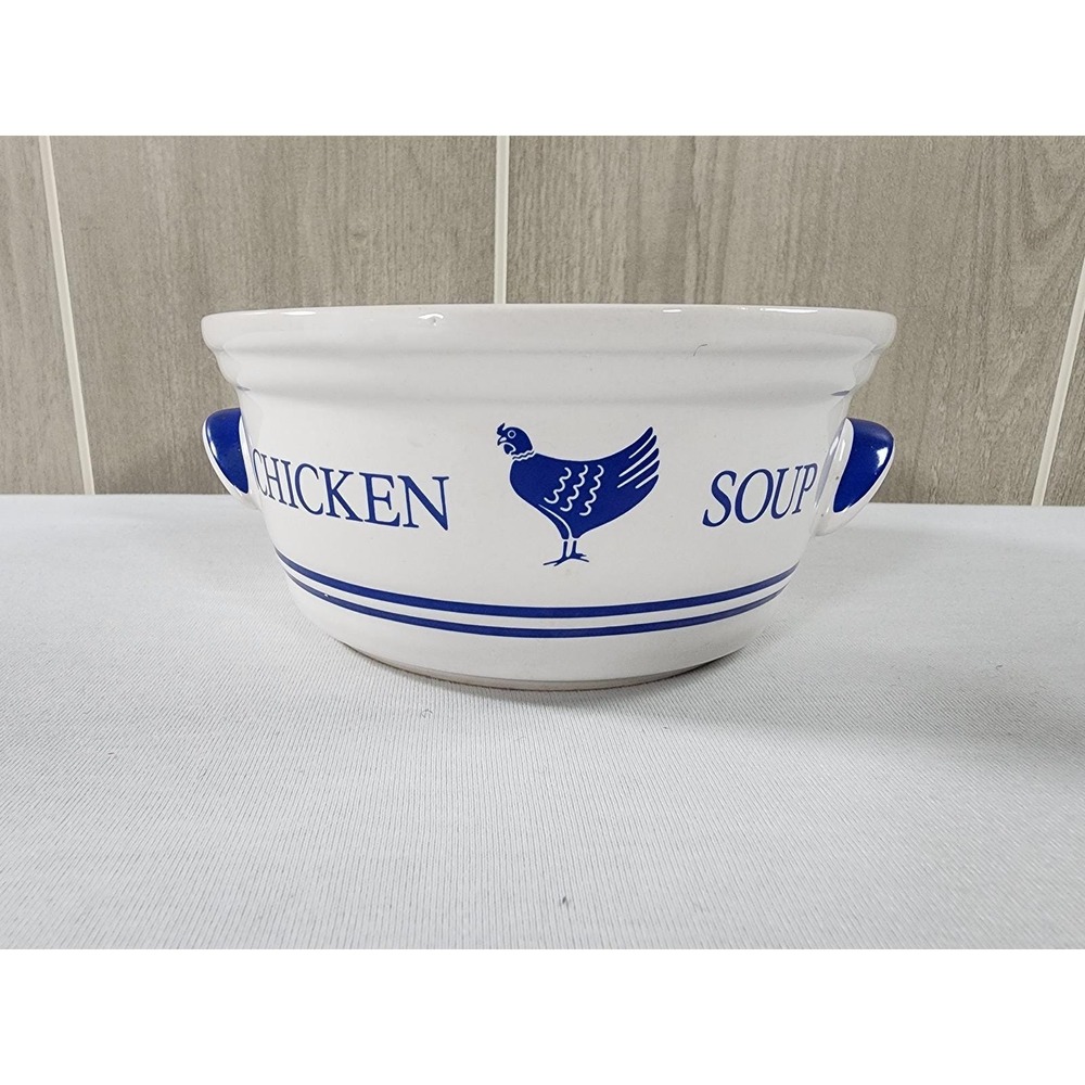 FTDA Chicken Soup Bowl White Blue Vintage 1985 Farmhouse Ceramic Cottagecore